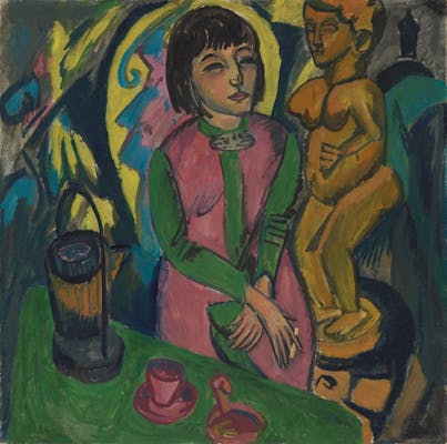 Ernst Ludwig Kirchner,  Sitzende Frau mit Holzplastik , 1912, olieverf op doek, 78×78cm, Virginia Museum of Fine Arts, Richmond, Adolph D. and Wilkins C. Williams Fund, 84.80