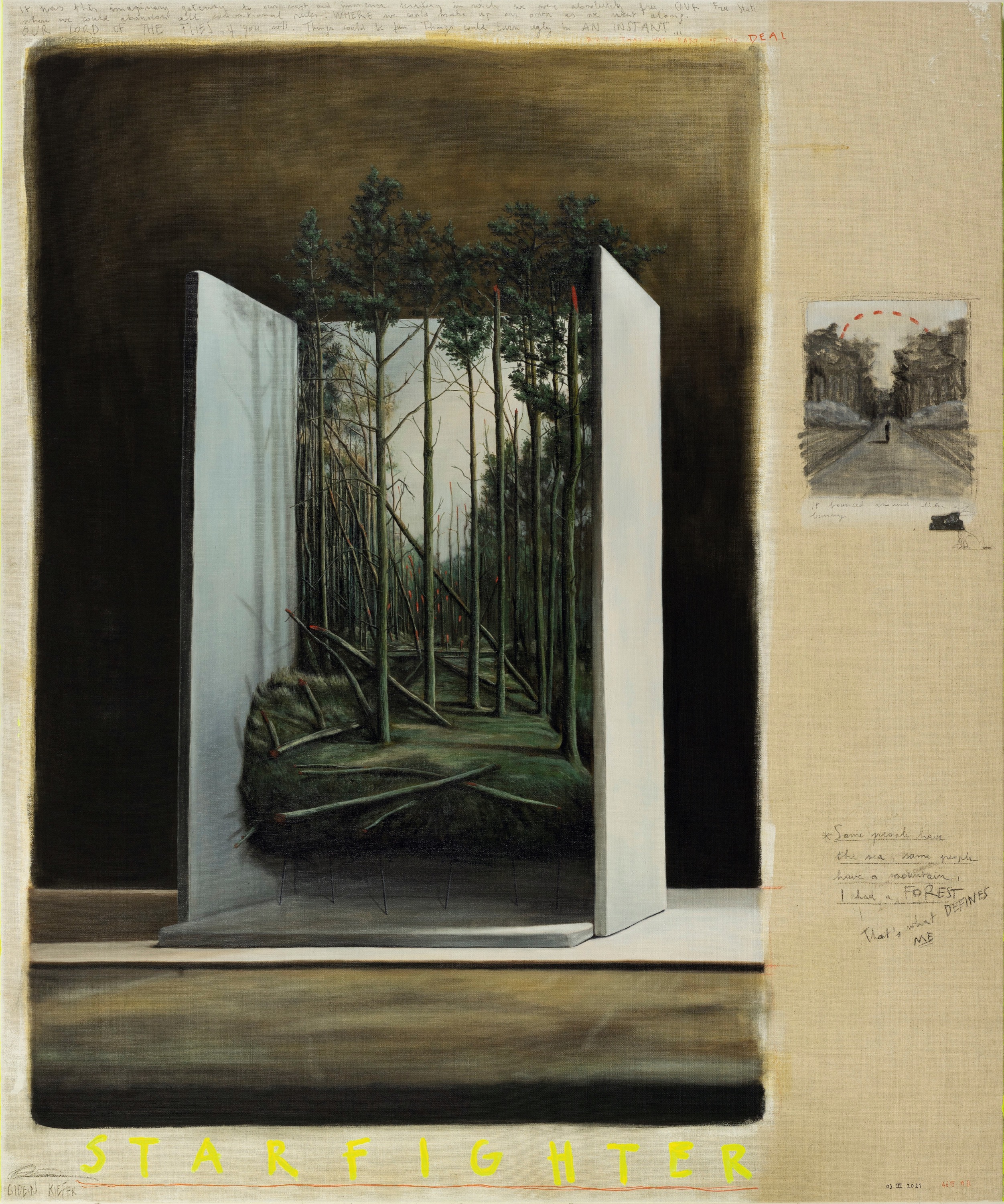 Gideon Kiefer, Starfighter , 03.III.2021 - 4615 A.D., olieverf, acrylverf en potlood op canvas, 120 x 100 cm. – Courtesy de kunstenaar en Geukens & De Vil, Antwerpen / Knokke