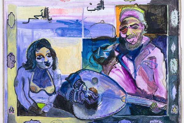 Mounira Al Solh, The Sea, in Love; and the Cockroach Sings , 2022, olieverf op doek, 162 x 209 cm, courtesy Zeno X Gallery, Antwerp, foto Peter Cox