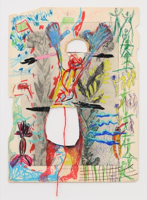 Pélagie Gbaguidi, Chaine Humaine , 2022, waskrijt, wol en kleurpotlood op papier, 36,5 x 27,5 cm. – Courtesy Zeno X Gallery, Antwerpen, foto Peter Cox