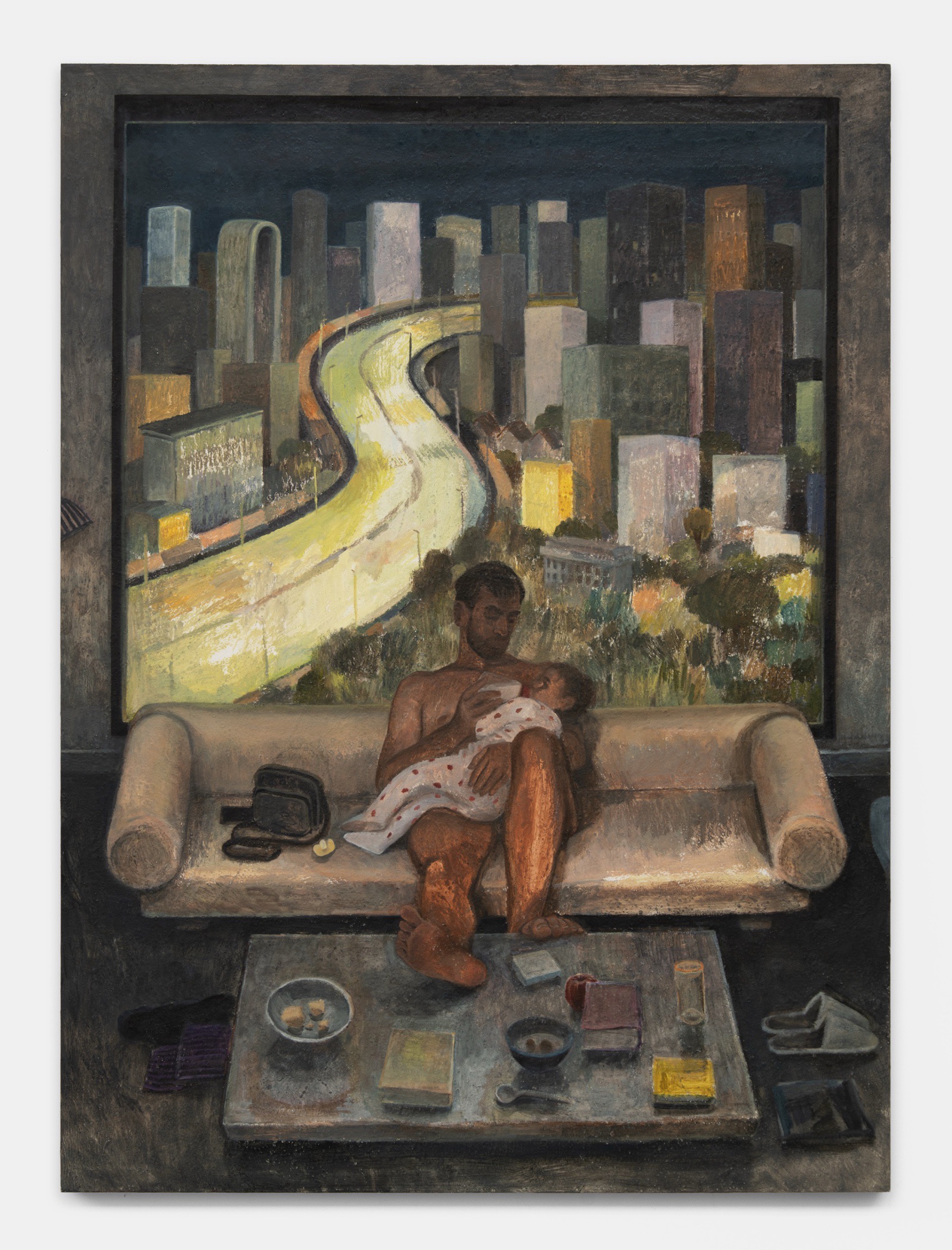 Nathanaëlle Herbelin, Jérémie donne le biberon , 2024, olieverf op hout, 183 x 135 cm, courtesy de kunstenaar en Xavier Hufkens