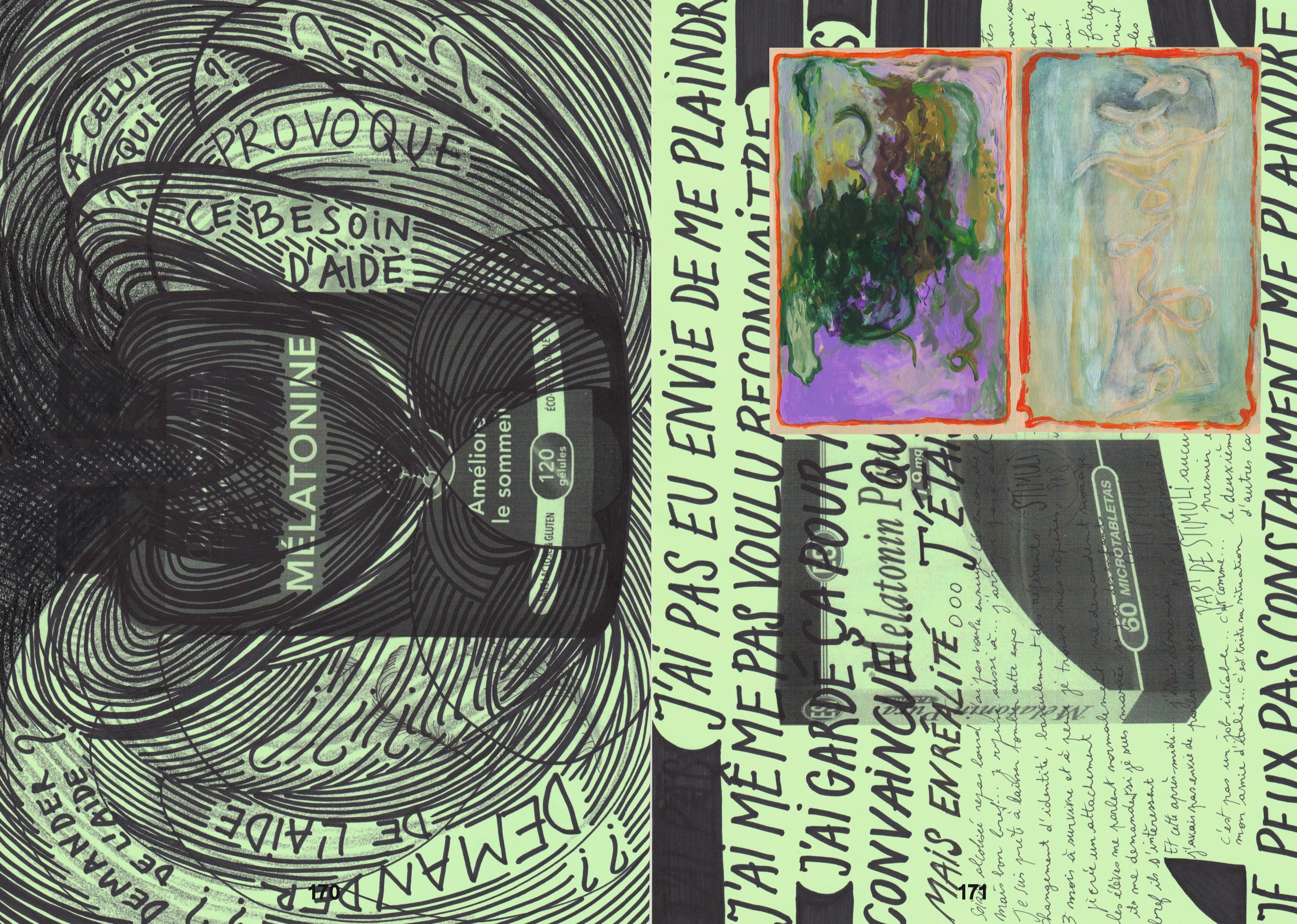 Sandrine Morgante, Mélatonine — de l’aide en Mélatonin Pura — me plaindre , 2020 Rechtsboven: Rietlanden Women’s Office, Diptych 1 , 2021