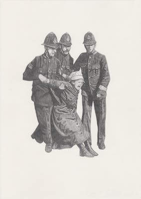 Olivia Plender, Arrest! , 2021, pencil on paper, 29,7 × 21 cm
