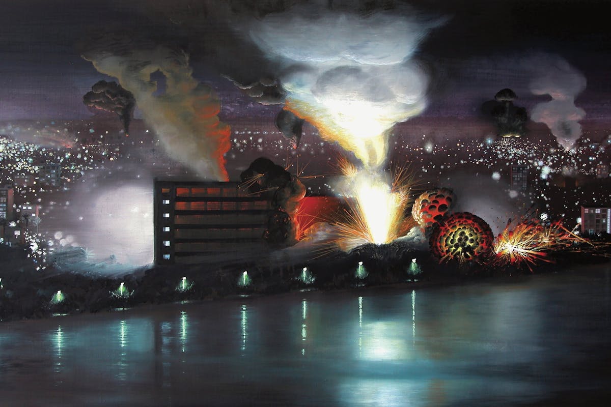 Olphaert den Otter, elementen/vuur , 2009, ei-tempera op doek/paneel, 122 x 210 cm, collectie van de kunstenaar