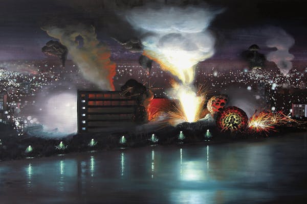 Olphaert den Otter, elementen/vuur , 2009, ei-tempera op doek/paneel, 122 x 210 cm, collectie van de kunstenaar