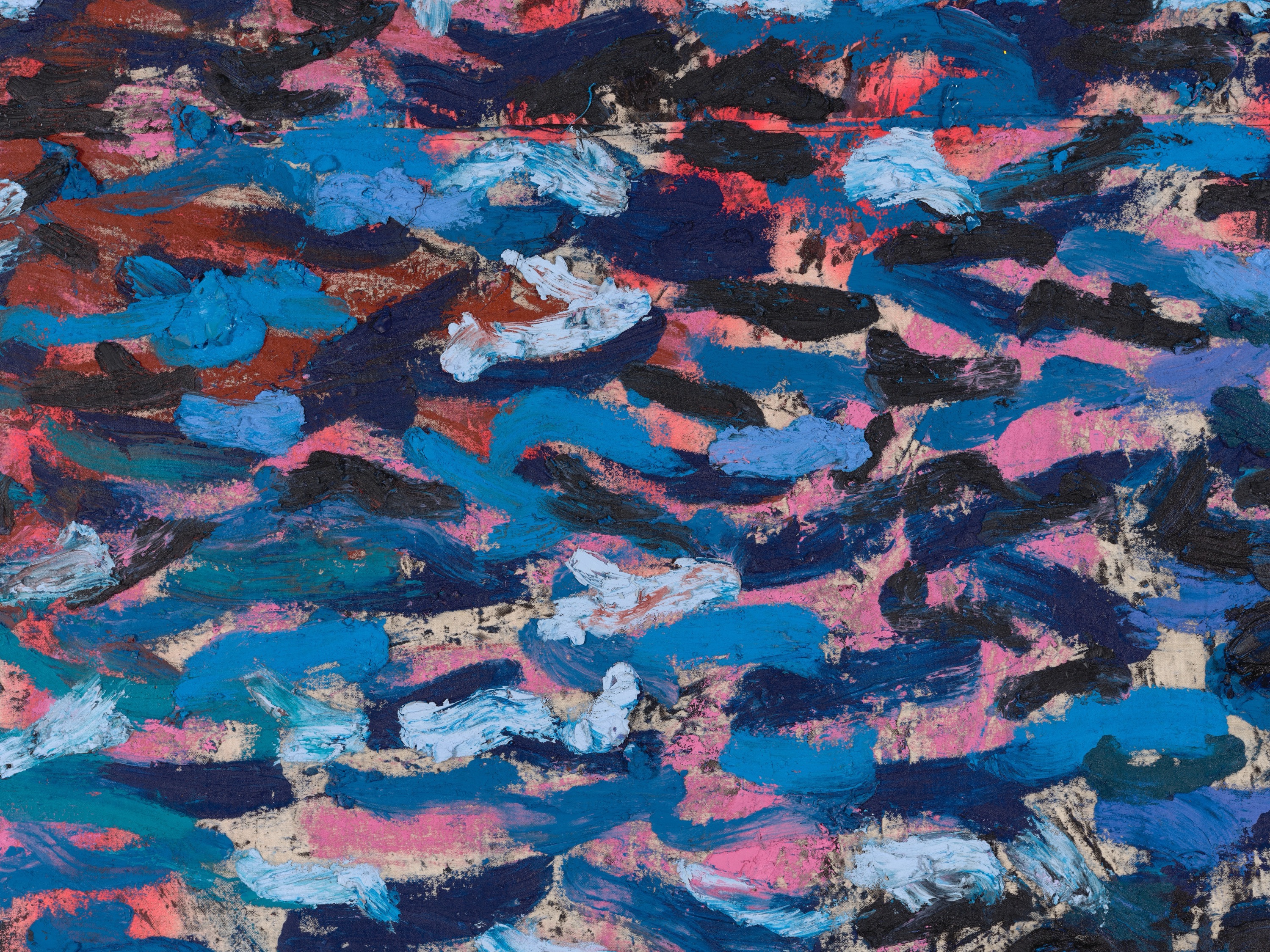 Oscar Murillo, surge (social cataracts) (detail), 2022, each panel signed and dated verso, oil and oil stick on canvas, 150 x 900 cm curved, 6x single panels (each 150 x150 cm), courtesy the artist, © Oscar Murillo, photo Tim Bowditch and Reinis Lismanis