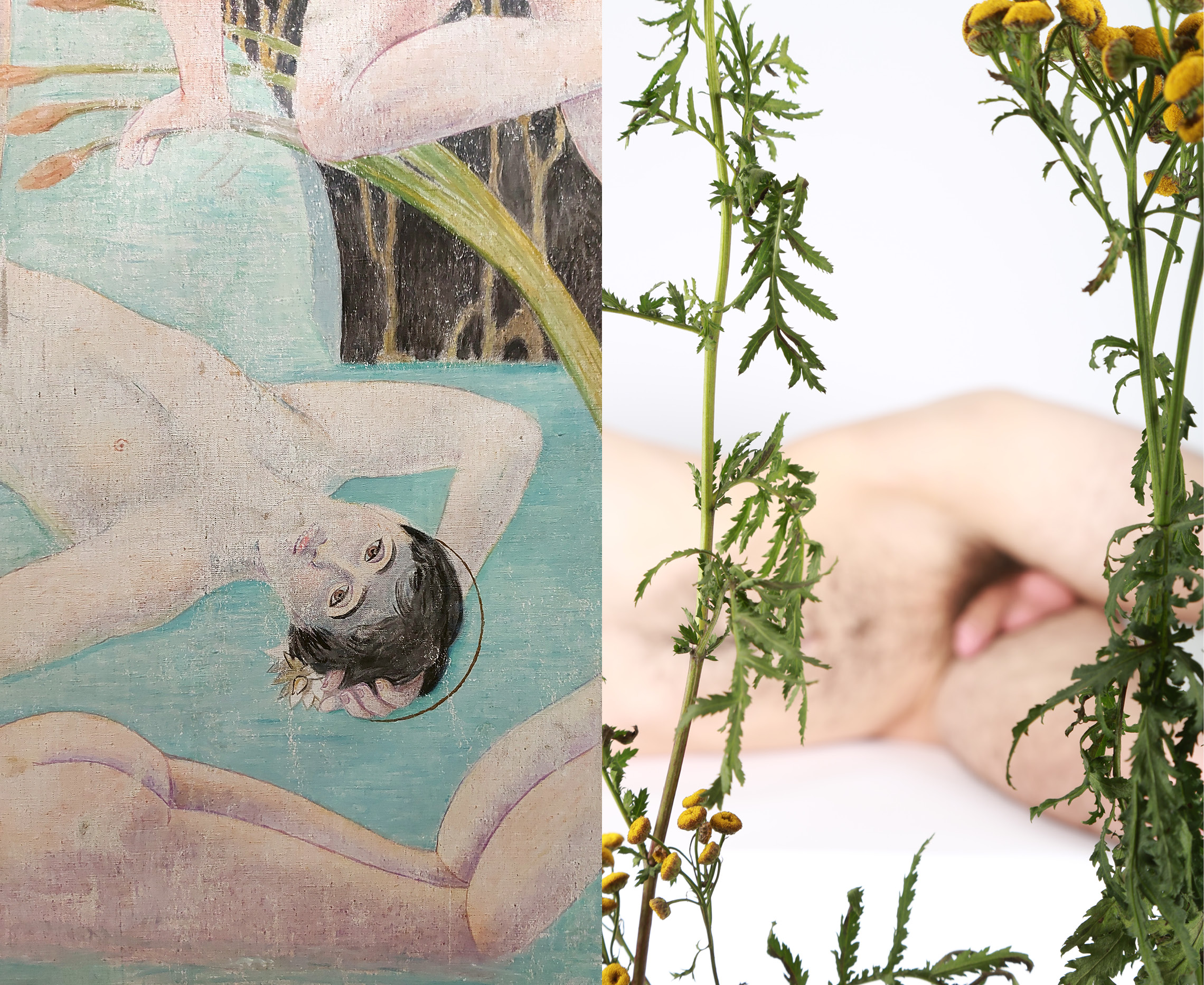 Links: Elisar von Kupffer, Elsarion (1872-1942). Detail van het fresco The Clear World of the Blessed , 1939 Rechts: Aline Bouvy, Detail van Urine Mate IX , 2016. Linoleum en fotografie gemonteerd op aluminium, 190 x 230 cm. Courtesy Galerie Baronian, Brussel