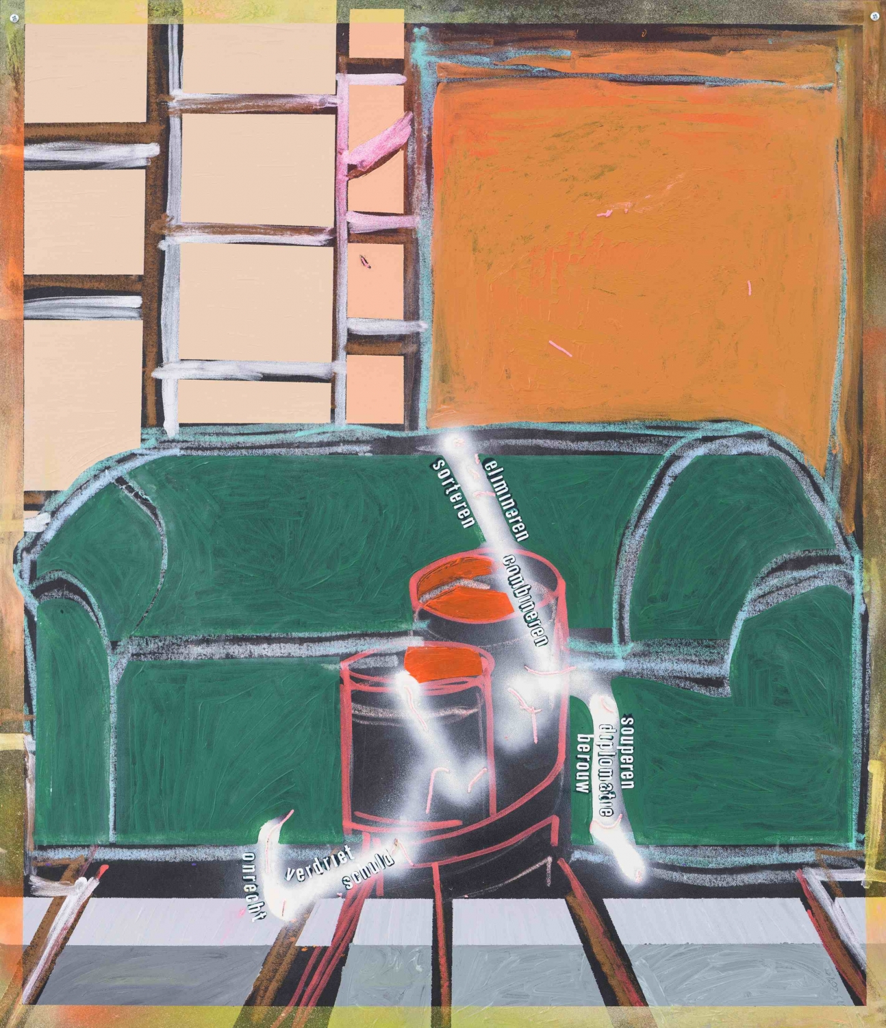 Anne-Mie Van Kerckhoven, ‘We Mikken op Elegantie (Setting the Elegance)’, acrylic, pastel, spraypaint, letters on PVC mounted on wooden board with steel screws, 125,5 x 109,0 cm, 2015-2016. Photographer: Peter Cox. Courtesy Zeno X Gallery, Antwerp