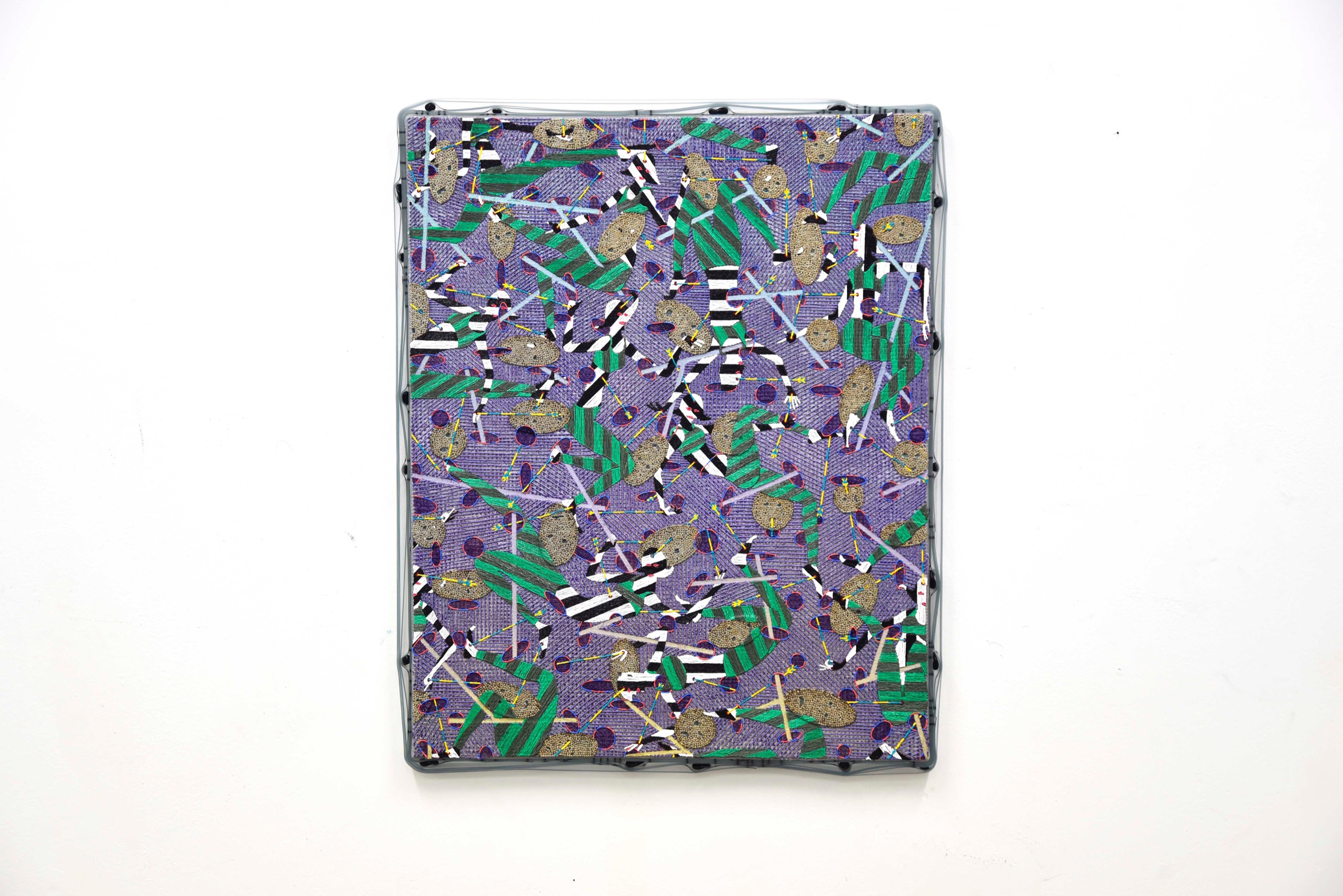 Ryo Kinoshita, We no you yes , 2020, olieverf, bijenwas, pigment, kralen, spuitverf, pvc op doek, 65 x 53, courtesy Galerie Fons Welters