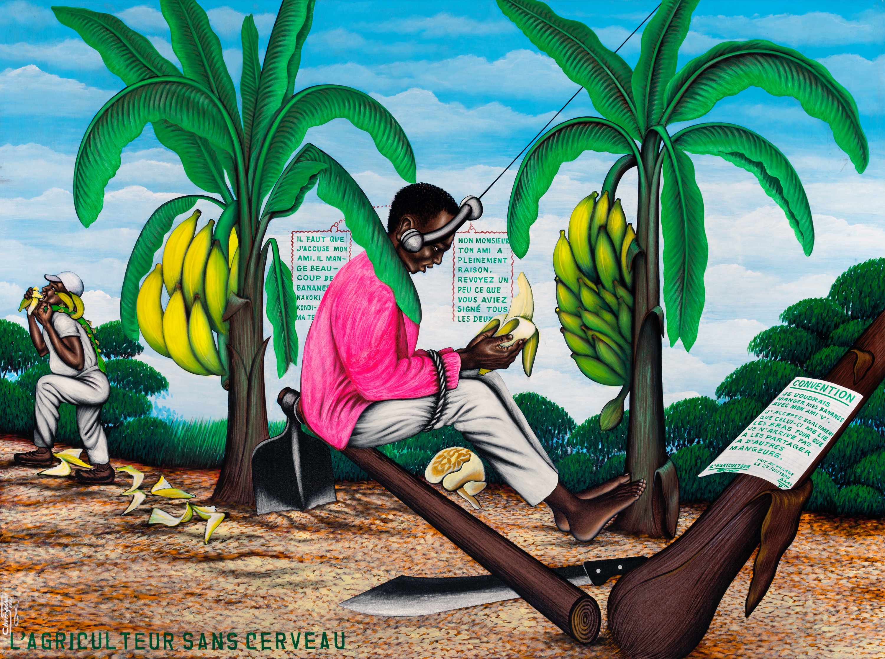 Chéri Samba, L'Agriculteur sans cerveau , 1990, acrylic on canvas, 144 x 193 cm, courtesy The Jean Pigozzi African Art Collection, © Chéri Samba, photo Maurice Aeschimann