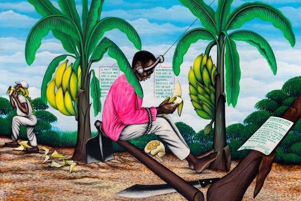 Chéri Samba, L'Agriculteur sans cerveau , 1990, acrylic on canvas, 144 x 193 cm, courtesy The Jean Pigozzi African Art Collection, © Chéri Samba, photo Maurice Aeschimann