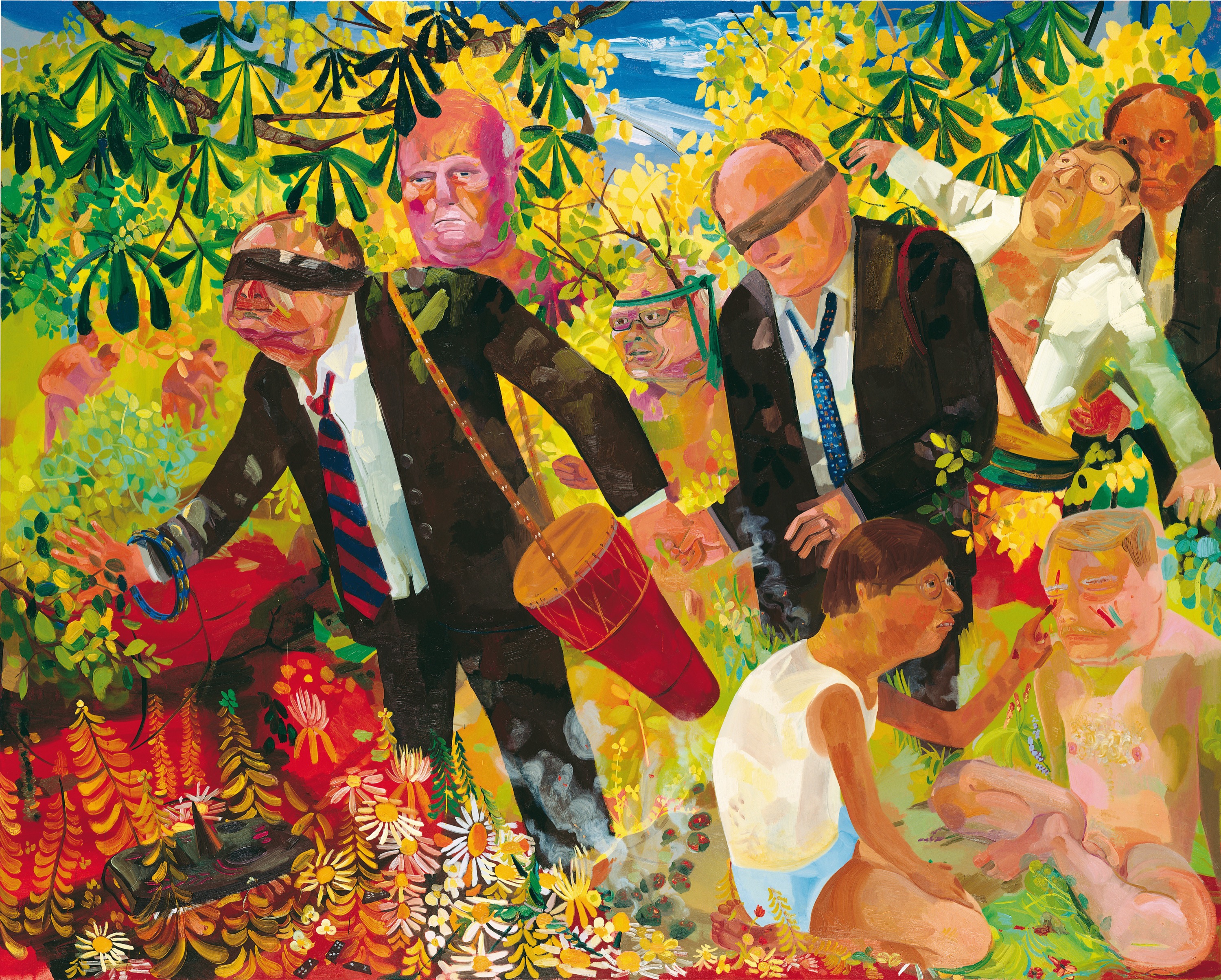 Dana Schutz, Men’s Retreat, 2005, oil on canvas, 243,8 x 304,8 cm, Green Family Art Foundation, courtesy the artist, Adam Green Art Advisory, CFA Berlin, Thomas Dane Gallery and David Zwirner, © 2023 Dana Schutz, photo Jochen Littkemann
