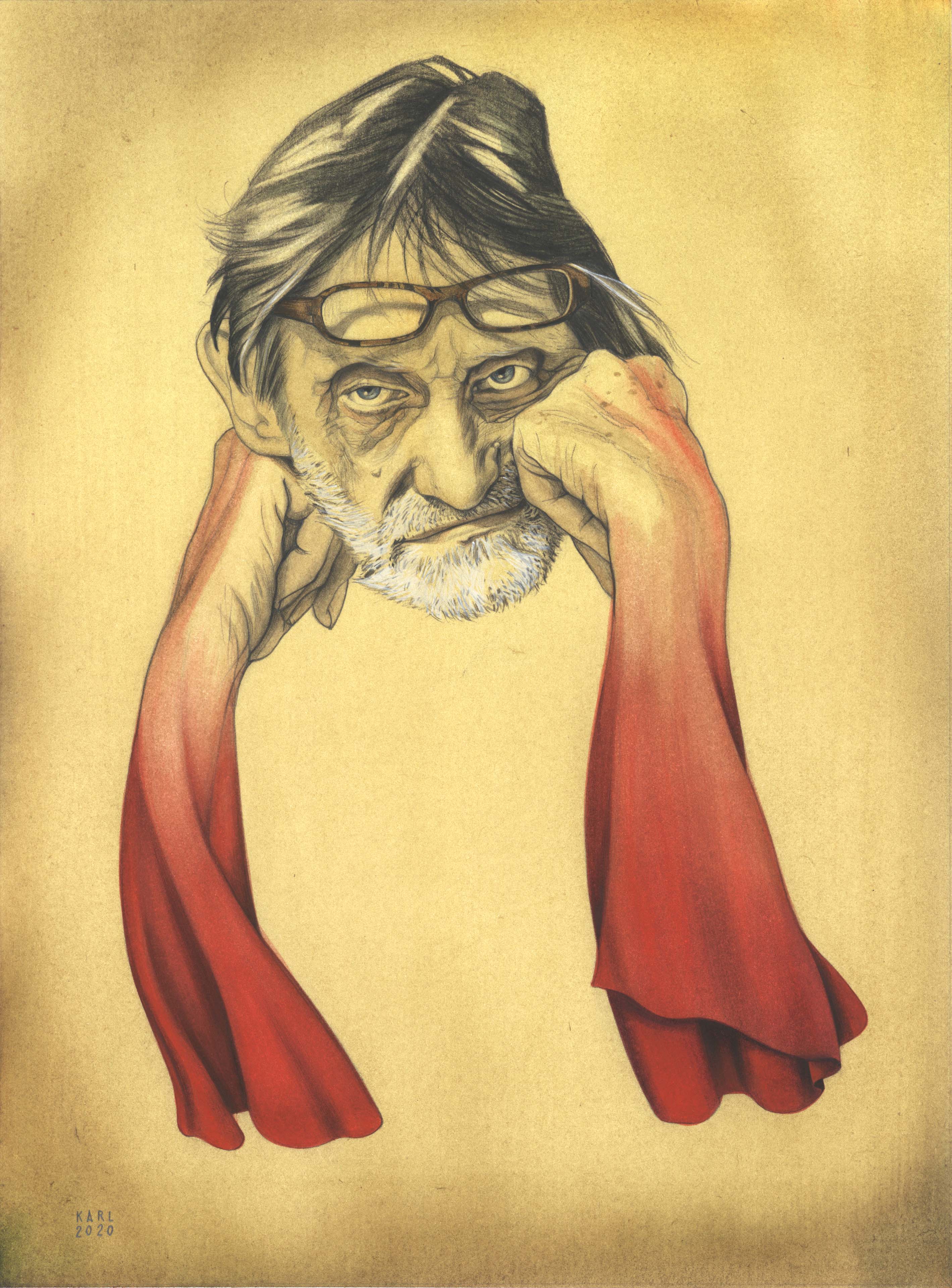 Karl Meersman, Robbe De Hert 1942-2020 , 2020, potlood en aquarel op papier, courtesy de kunstenaar