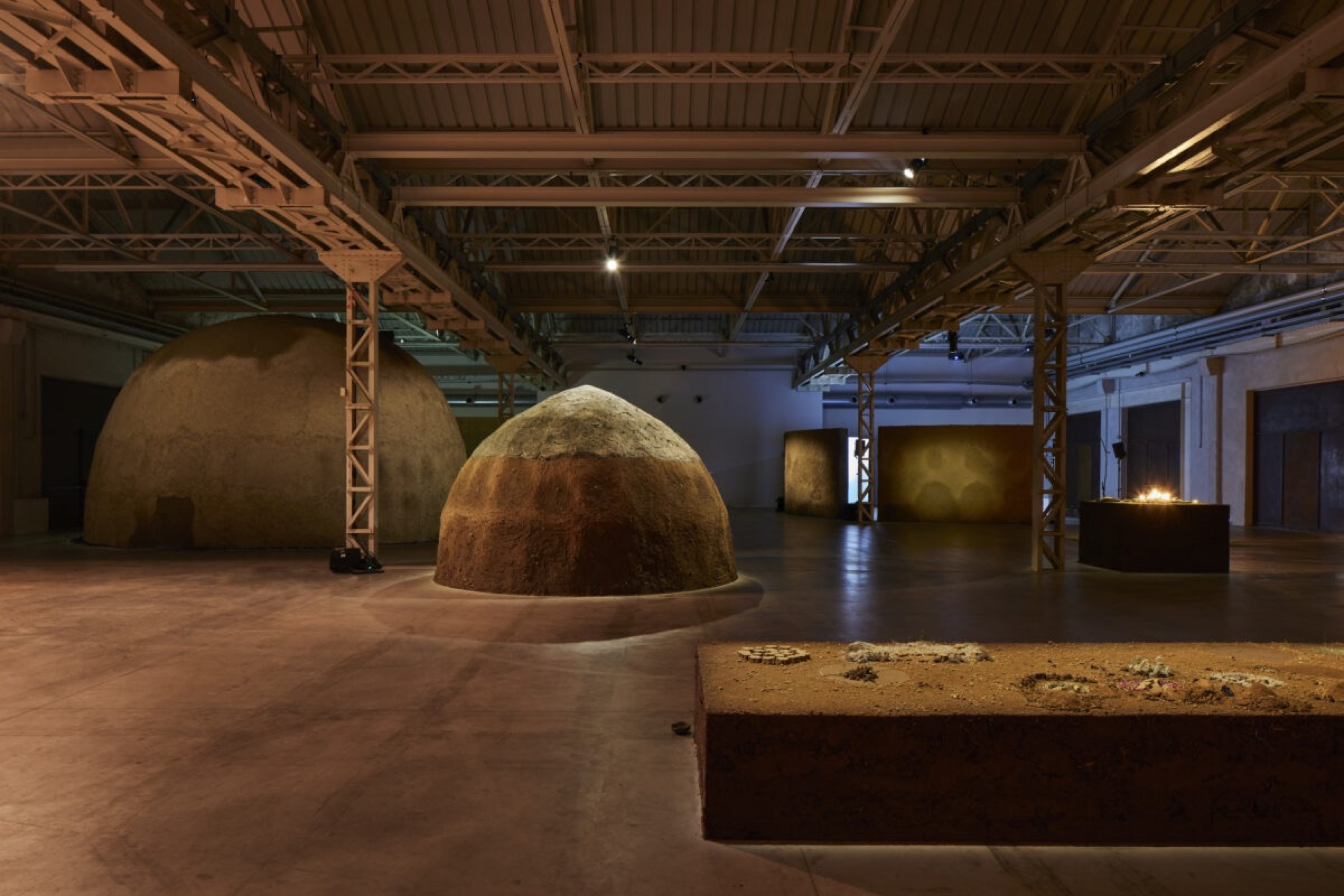Installation view Dineo Seshee Bopape, ‘Born in the first light of the morning [moswara’marapo],’ 2023, Pirelli HangarBicocca, Milan, photo Agostino Osio