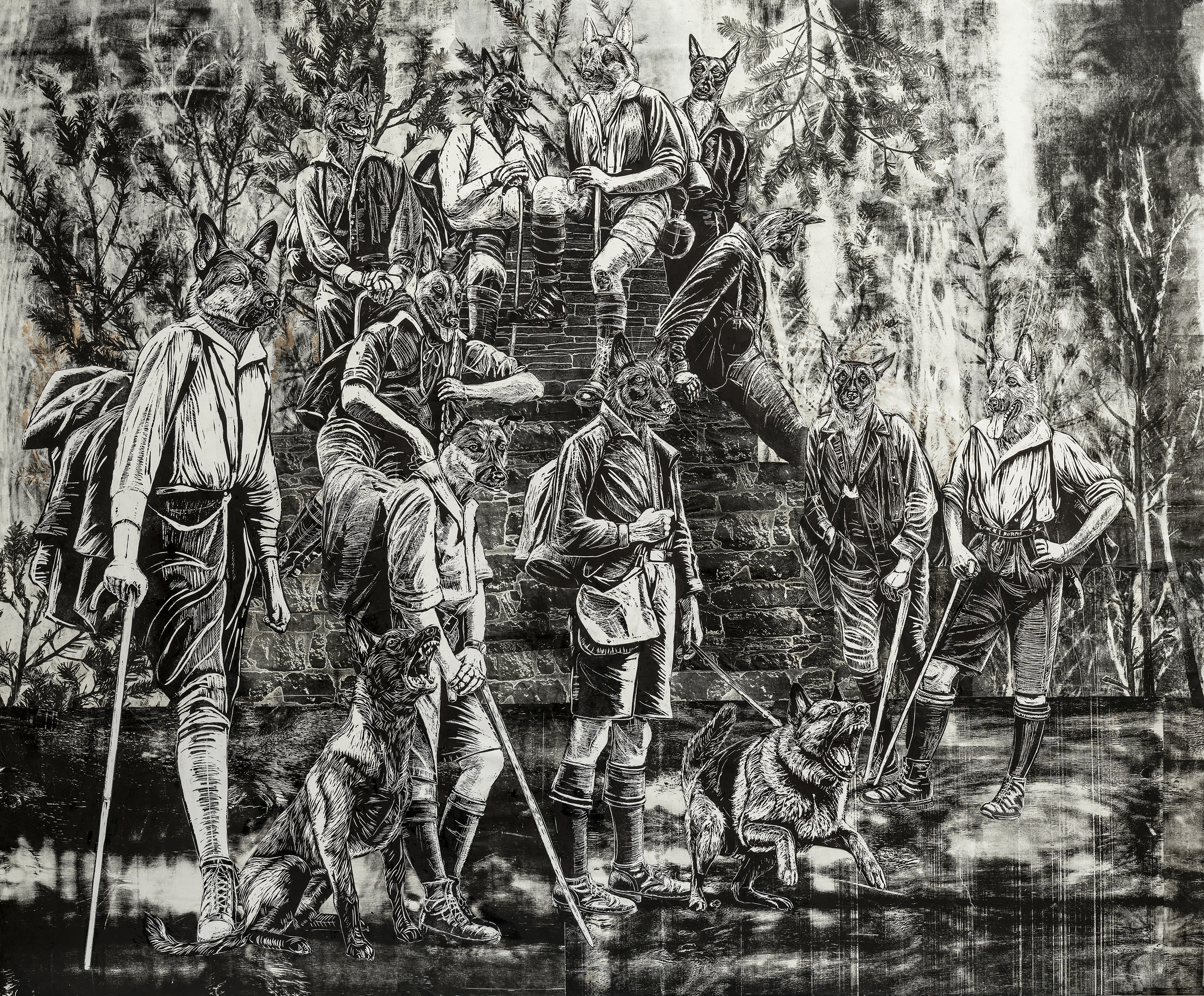 Tom Liekens, Pelgrims , 2020, collage van houtsnede en monotype – © de kunstenaar