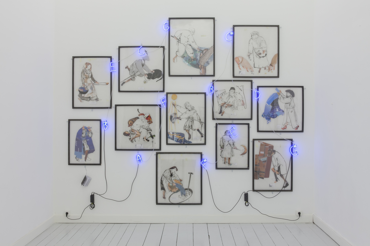 Joris Van de Moortel, ‘12X (spreuken, proverbs, Sprüche, Proverbs after Pieter Brueghel)’, potlood en collage op kalkpapier, inkt op transparante film, neon, plexi, variabele dimensies, 2017, courtesy Galerie Nathalie Obadia, Brussel-Parijs