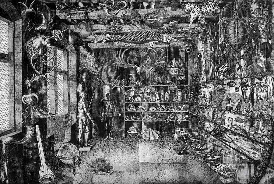 Tom Liekens, 'Wunderkammer', 2012, collage van houtsnede en monotype op doek, © foto Benn Deceuninck