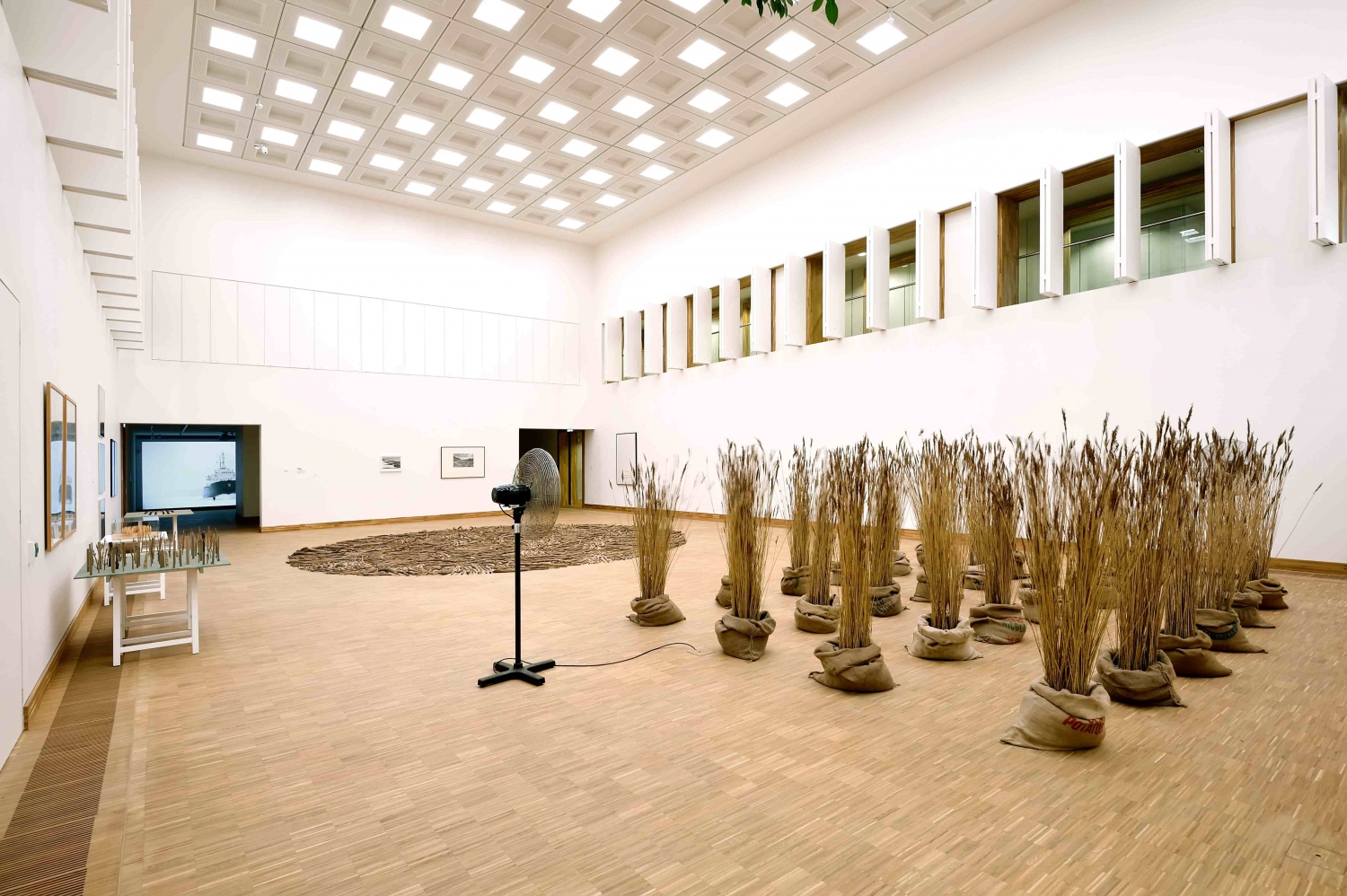 Marinus Boezem, ‘Rietveld bewogen door ventilatoren’, 1968-2015, Richard Long, ‘Wood Circle, 1977’, courtesy Van Abbemuseum. In de verte: Guido van der Werve, ‘Nummer Acht (Everything Is Going to Be Alright)’, 16mm film overgezet naar HD, 2007, 10’10