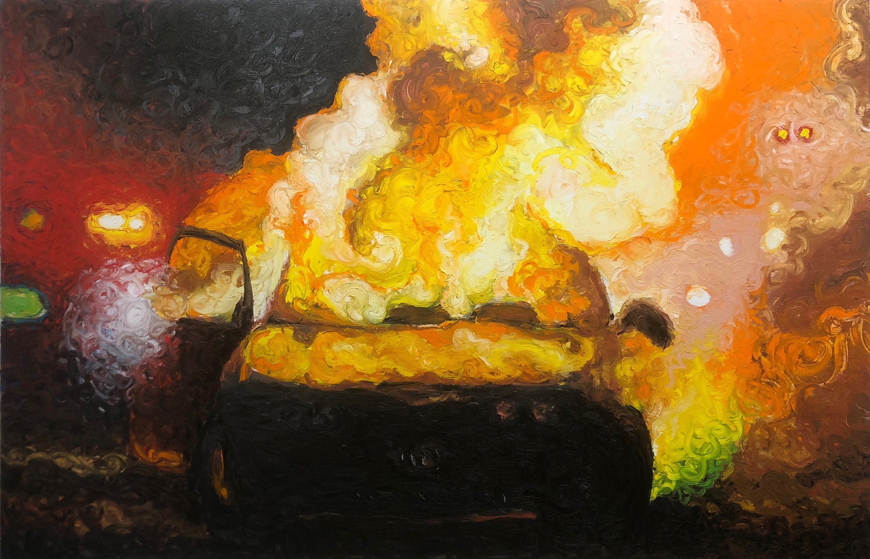 Koen Theys, Burning Car with Backlight , 2021, olieverfstick op paneel, 122 x 190 cm. – Courtesy de kunstenaar en Keteleer Gallery