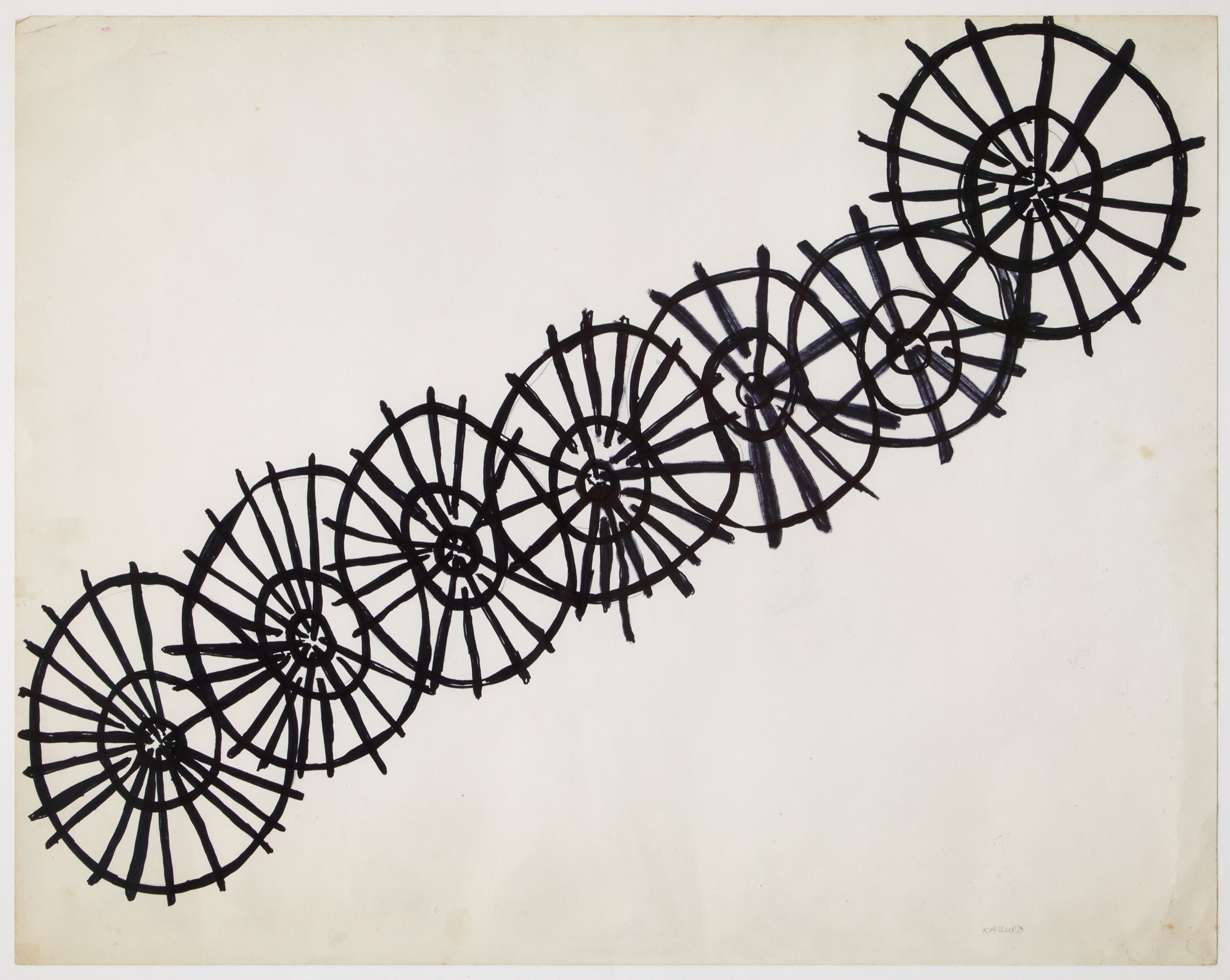Kazuko Miyamoto, Wheels , 1990, pencil, magic marker, paper, courtesy the artist and Galleria Alessandra Bonomo, Roma, photo Simon d’Exéa