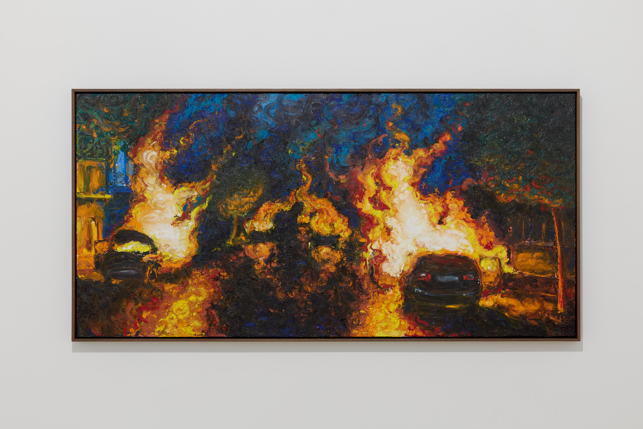 Koen Theys, Summer Night with Burning Cars , 2021, oliestick op paneel