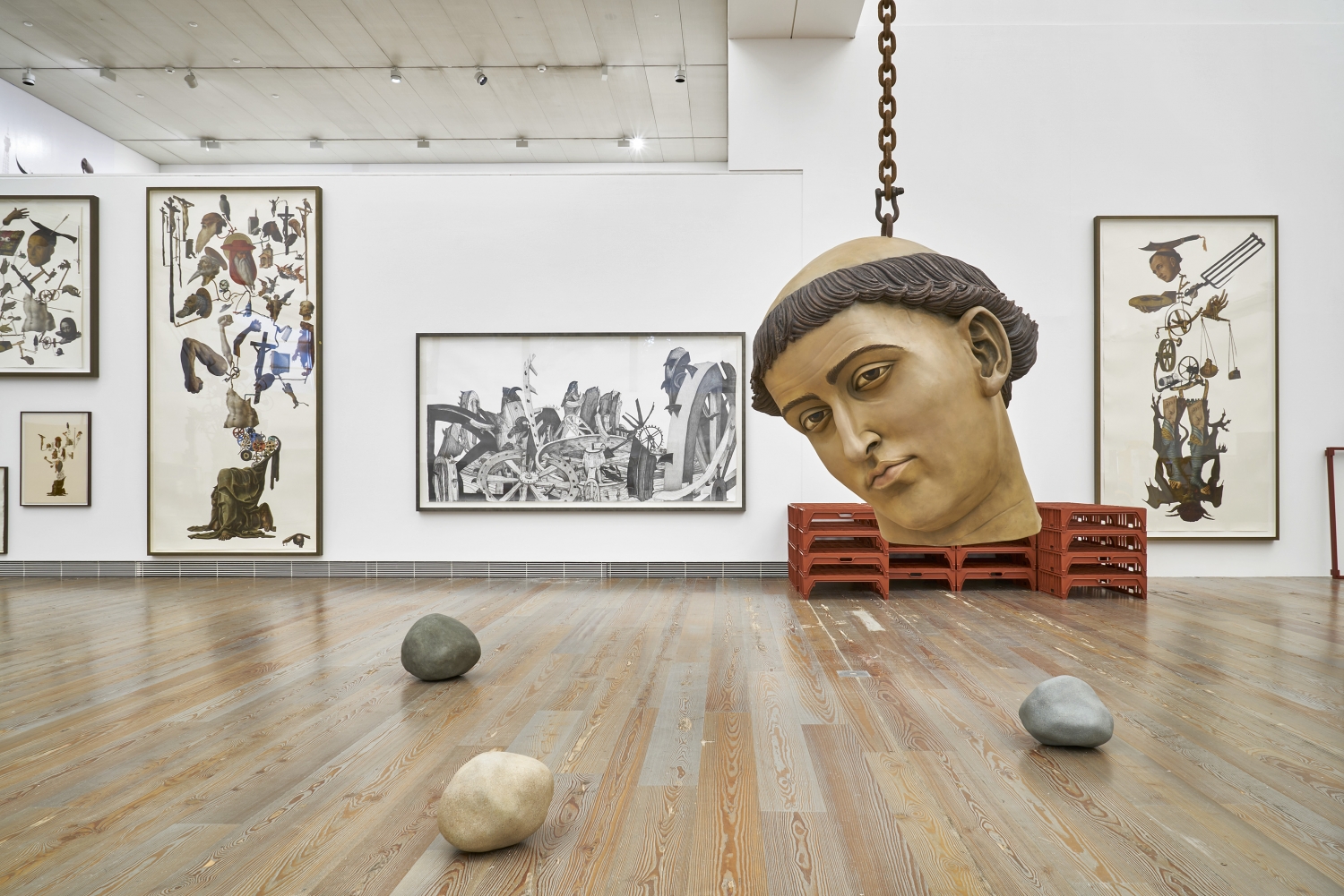 Michael Landy, ‘Saint Stephen’, 2014, ‘Multi-Saint’, 2012, ‘Saint Catherine wheels found dumped outside The National Gallery’, 2012 und ‘Saint Jerome crucifixes himself while contemplating the crucifixes’, 2012, Installationsansicht, © 2016 Museum Ti