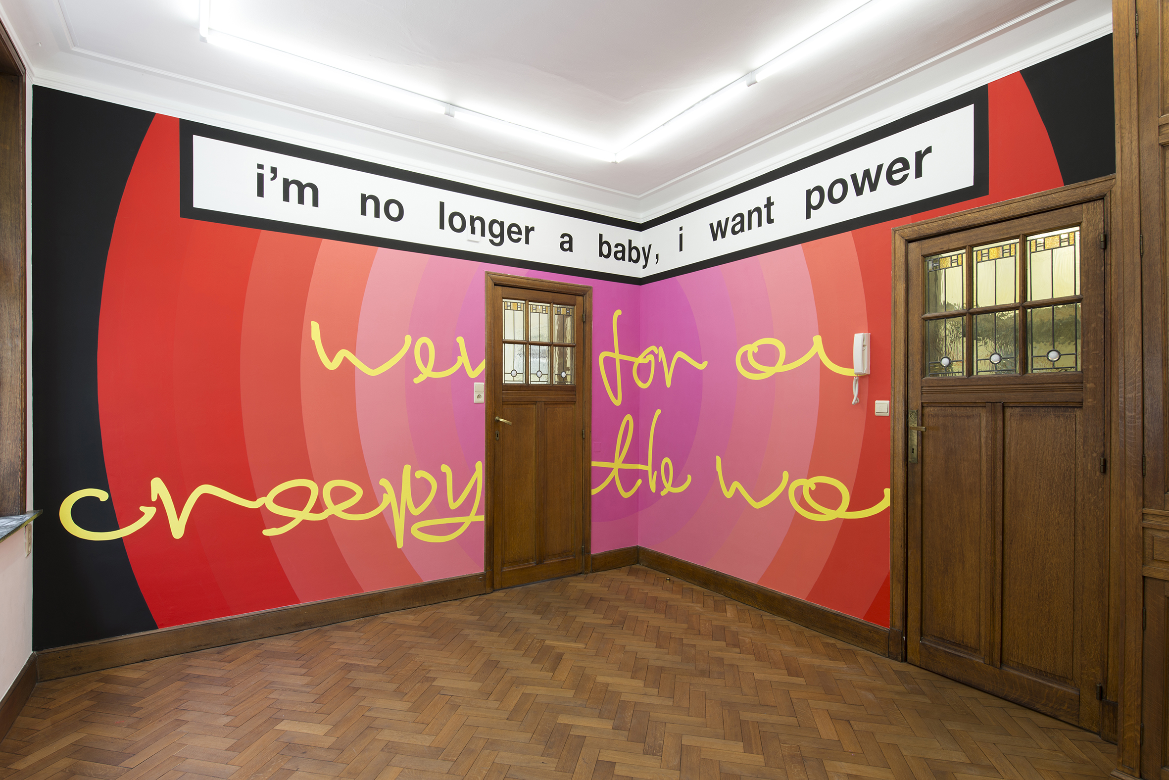 Exhibition view Nora Turato, let’s never be like that, LA MAISON DE RENDEZ-VOUS, Brussels, 2020. Work: Nora Turato, i’m no longer a baby, i want power / went for a creepy little walk, 2020, Emulsion paint, approx. 3.00 x 7.30 m