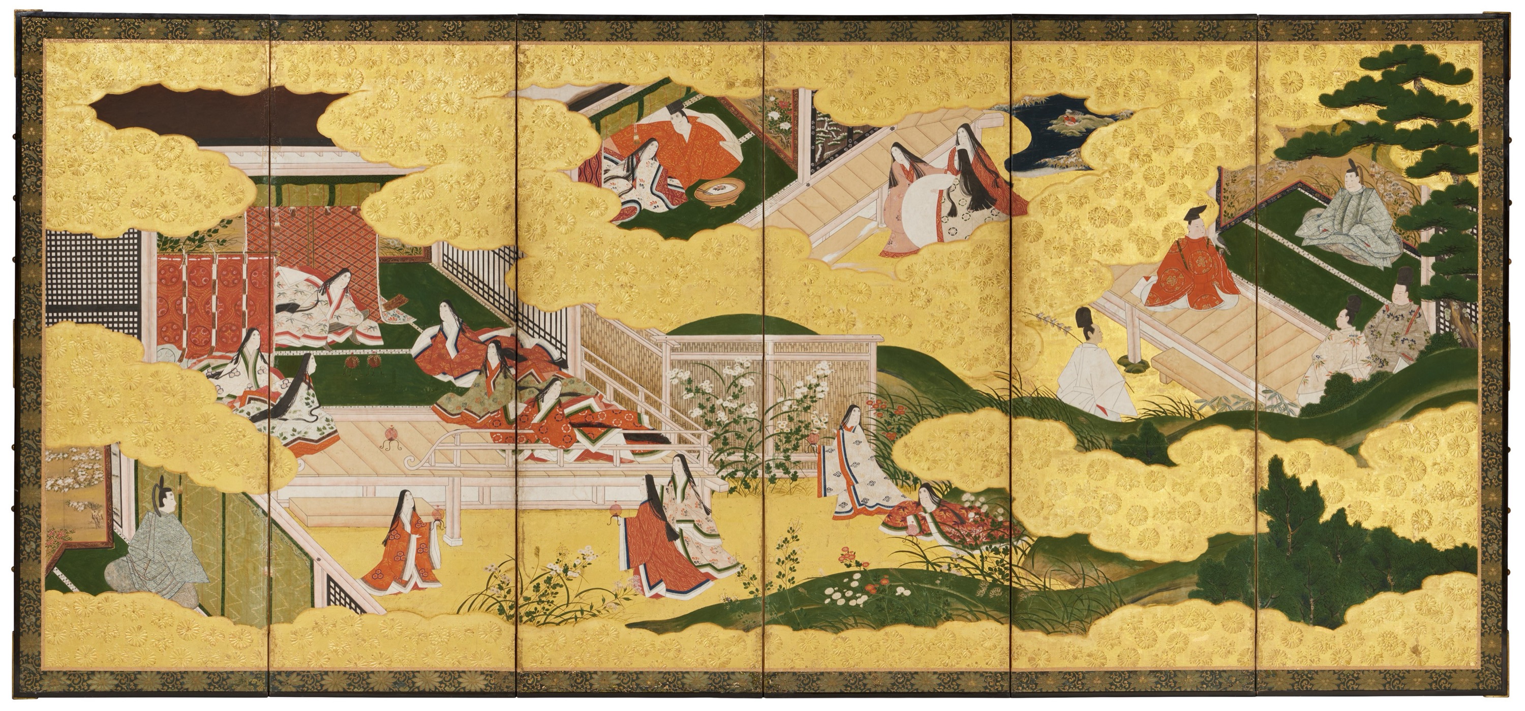 Six Scenes from the Story of Prince Genji (Genji monogatari) , Japan, early seventeenth century, pair of folding screens, ink, colours and gold on gilded paper, 171 x 374 ×x2 cm, Neuss, Germany, Viktor and Marianne Langen Collection, photo Studio Fuis Photographie
