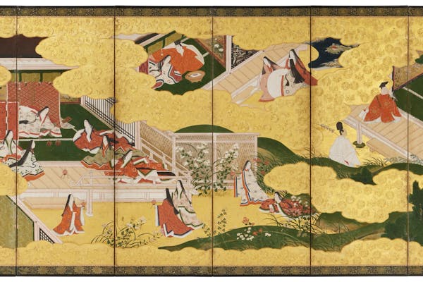 Six Scenes from the Story of Prince Genji (Genji monogatari) , Japan, early seventeenth century, pair of folding screens, ink, colours and gold on gilded paper, 171 x 374 ×x2 cm, Neuss, Germany, Viktor and Marianne Langen Collection, photo Studio Fuis Photographie
