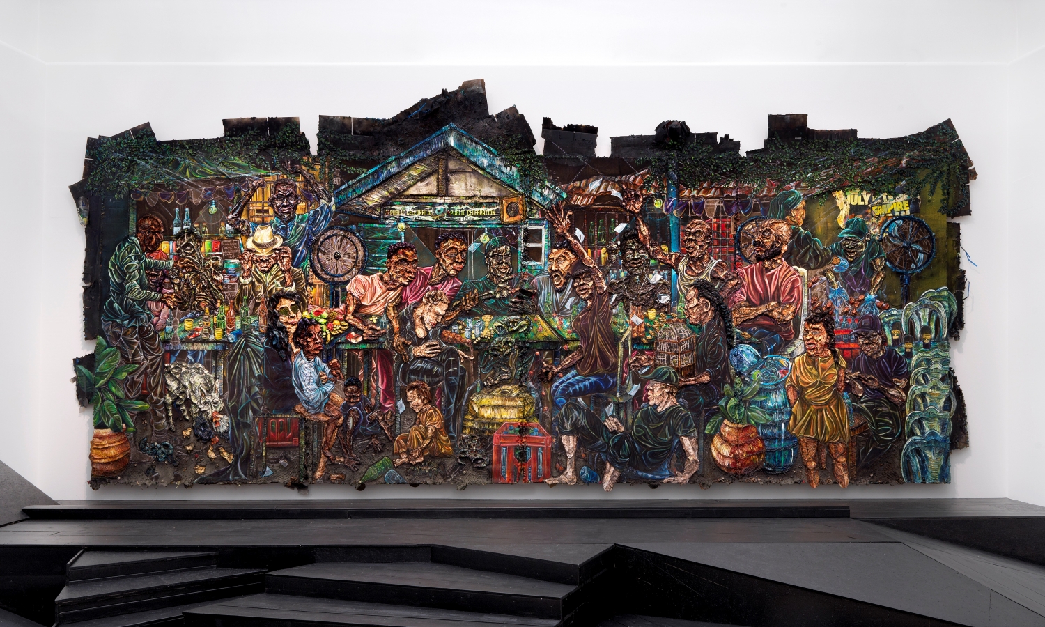 Raquel van Haver, 'We do Not sleep as we Parade all Through the Night...', 2018, olieverf op jute, zelfgemaakte verf, karton, teer, plastic, houtskool, krijt, gel, hars, haar, posters, papier, telefoons, kroonkurken, as, sigaretten, kralen, vloei en