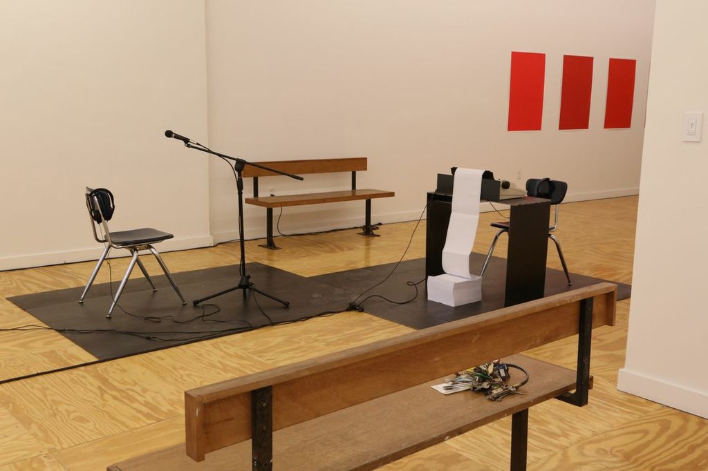 Rossella Biscotti, ‘Il Processo (The Trial)’, 2010-14, a re-enactment of the 7 April trial, with live typist and translators from Italian to English, audio piece (6 hours), original courtroom furniture, type writer, set of keys, metal platform, trans