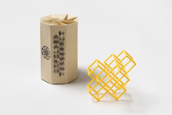 Tauba Auerbach, Unfolded Tesseract , 2017, 3D printed nylon, Bristol board box, rubber stamp, 9,53 × 15,24 cm, courtesy Diagonal Press, New York, © Tauba Auerbach, photo Steven Probert