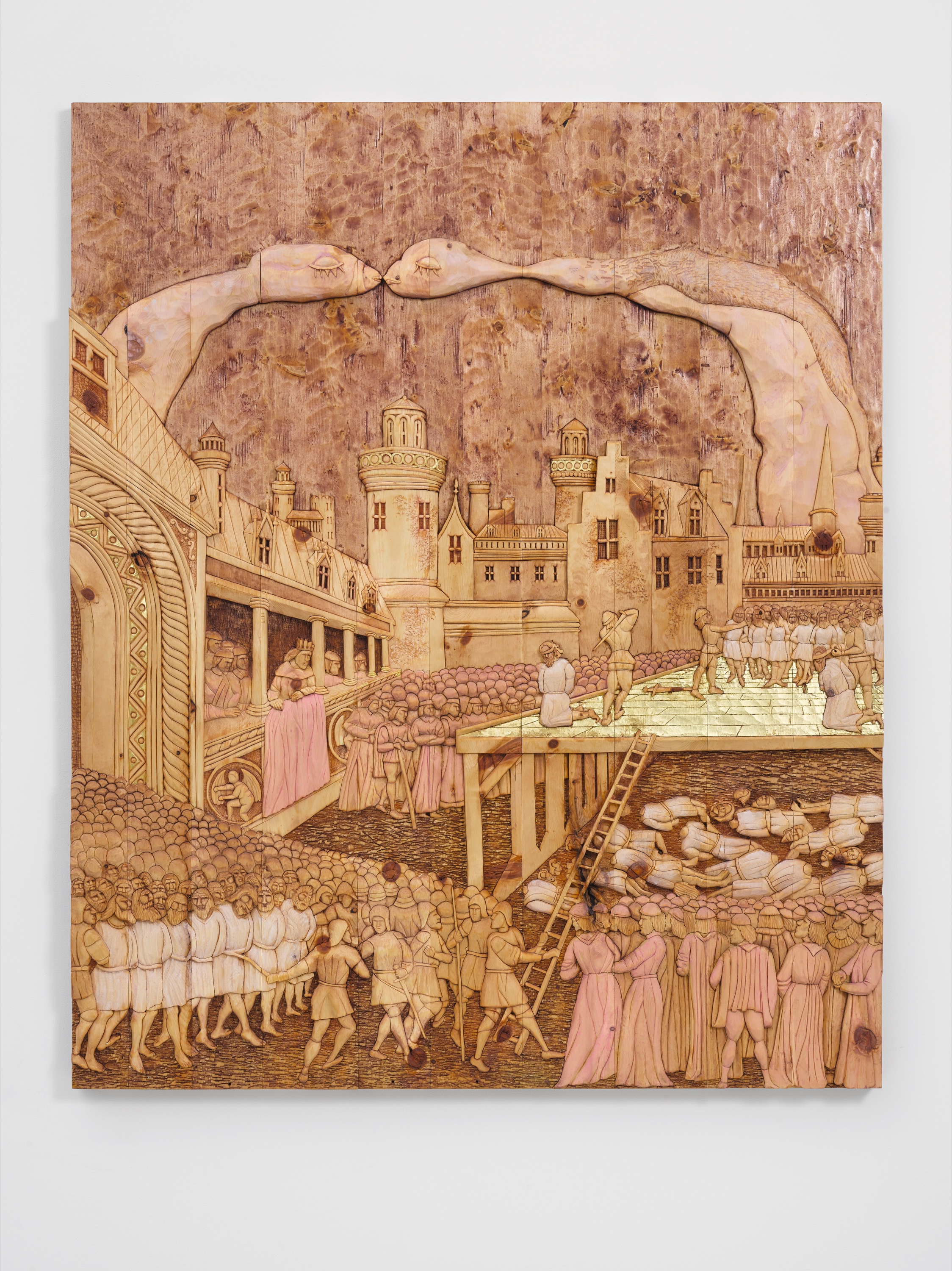 Wael Shawky, Relief of the Siege of Jerusalem 1189-91 (after Jean Colombe’s After the capture of Acre 1189 by Bourges, 1475) , 2018, hand cut wood and gold foil, 146 x 119 x 6 cm. – © Wael Shawky, courtesy Lisson Gallery