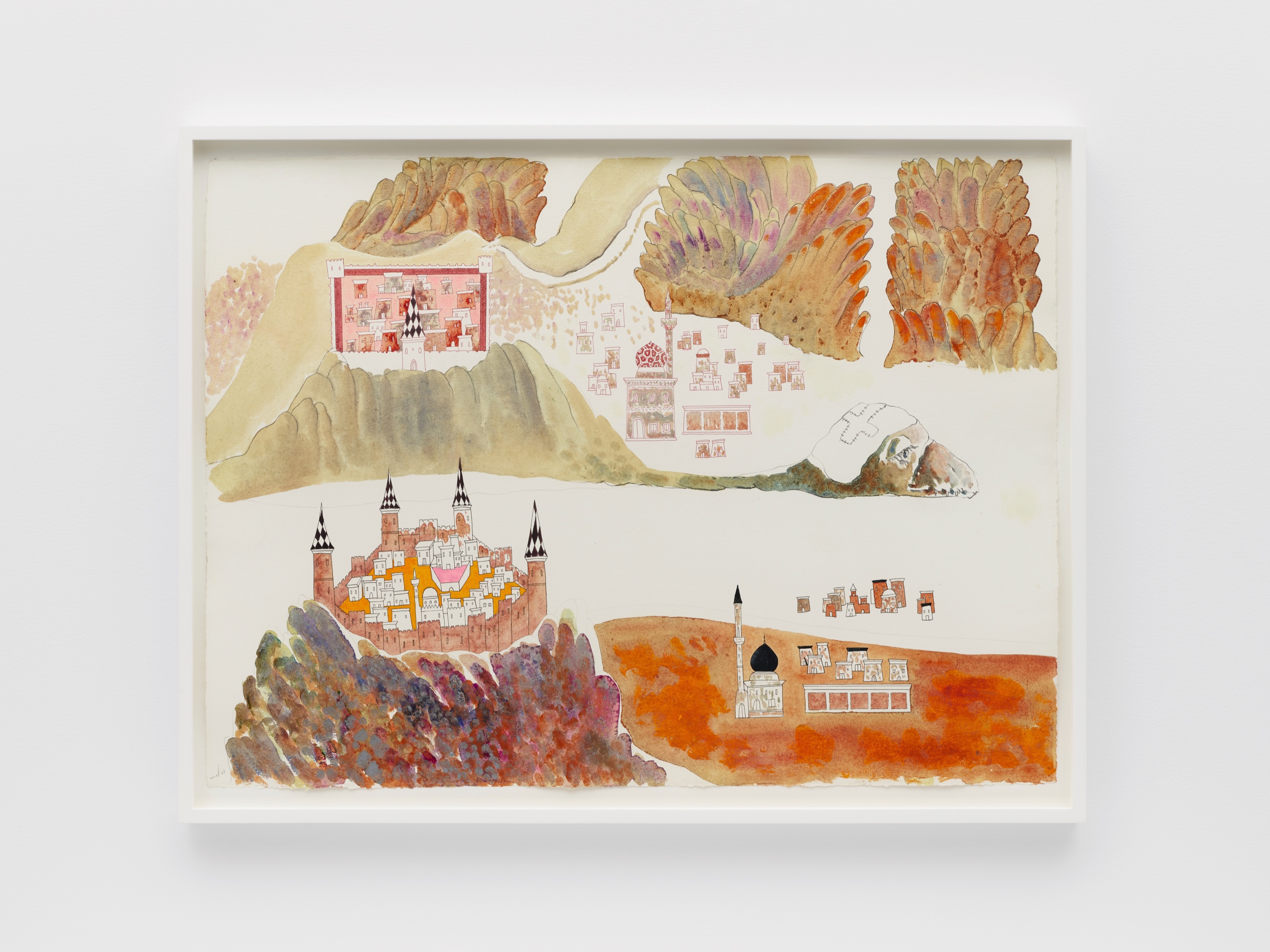 Wael Shawky, Cabaret Crusades: Drawing #602 , 2021, grafiet, inkt, olieverf en verschillende materialen op katoenpapier, 57,2 x 76,2 cm. – © Wael Shawky, courtesy Lisson Gallery