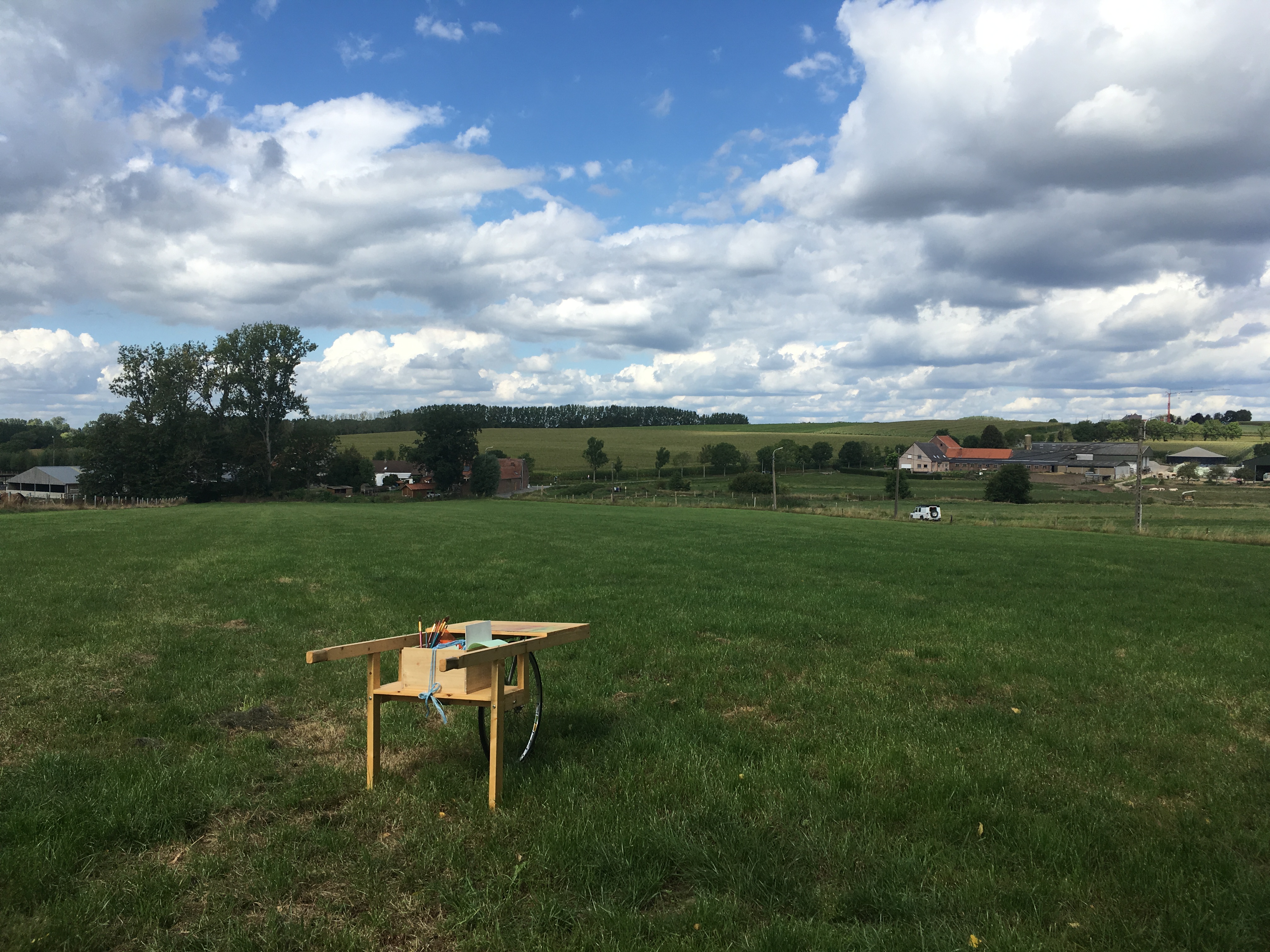 Lies Van Damme, 'Het is maar een vogel!', mobiel atelier waarmee de route werd afgelegd en boek met tekeningen – Foto © nadine