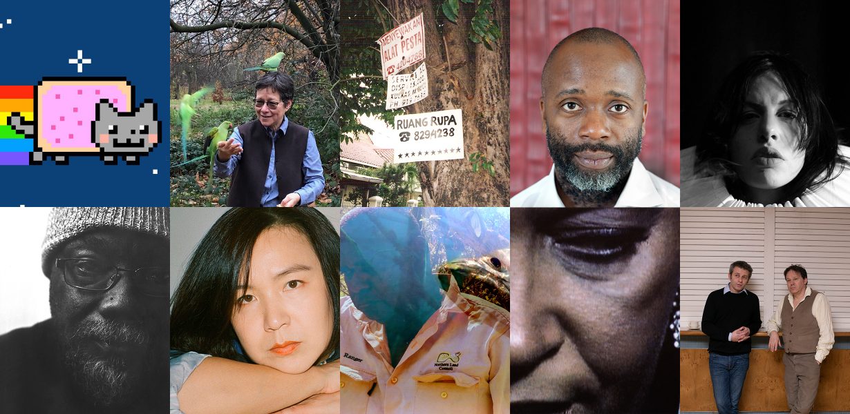De top 10 van ArtReview's Power 100 2021, met de klok mee van linksboven: ERC-721; Anna L. Tsing; ruangrupa; Theaster Gates; Anne Imhof; David Wengrow en David Graeber; Carrie Mae Weems; Karrabing Film Collective; Cao Fei; Fred Moten